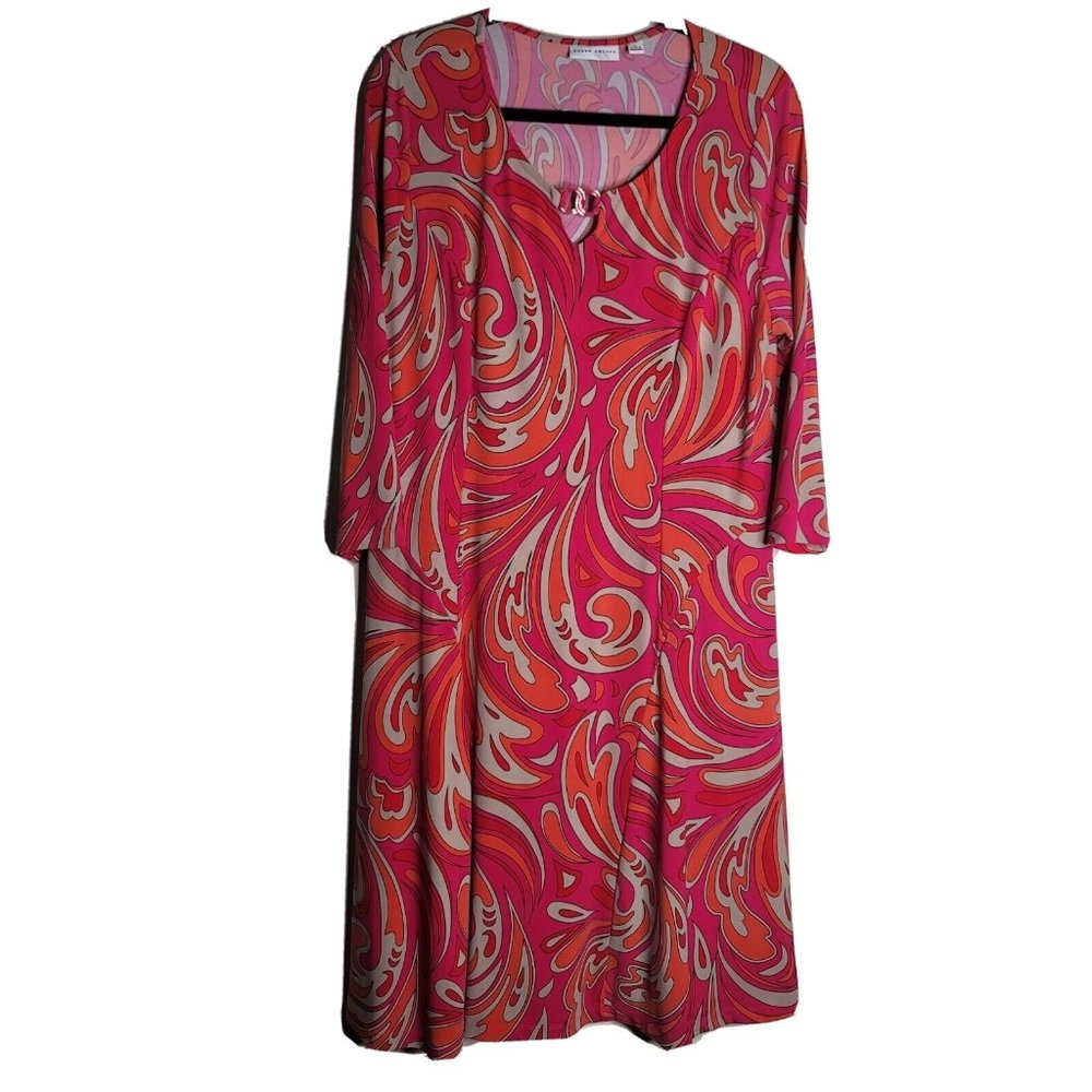 Susan Graver Hot Pink Orange Swirl Hippie Boho 70s Print Dress L